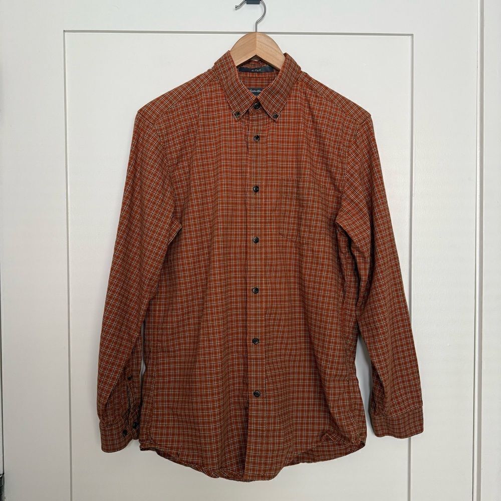Eddie Bauer Shirt Mens Size S Orange Plaid Relaxed Fit Button Down Long Sleeve